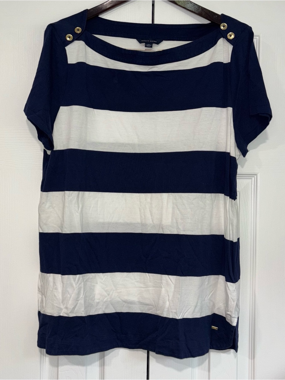 Tommy Hilfiger Navy and White Striped Tee with Logo Detail Size XXL
